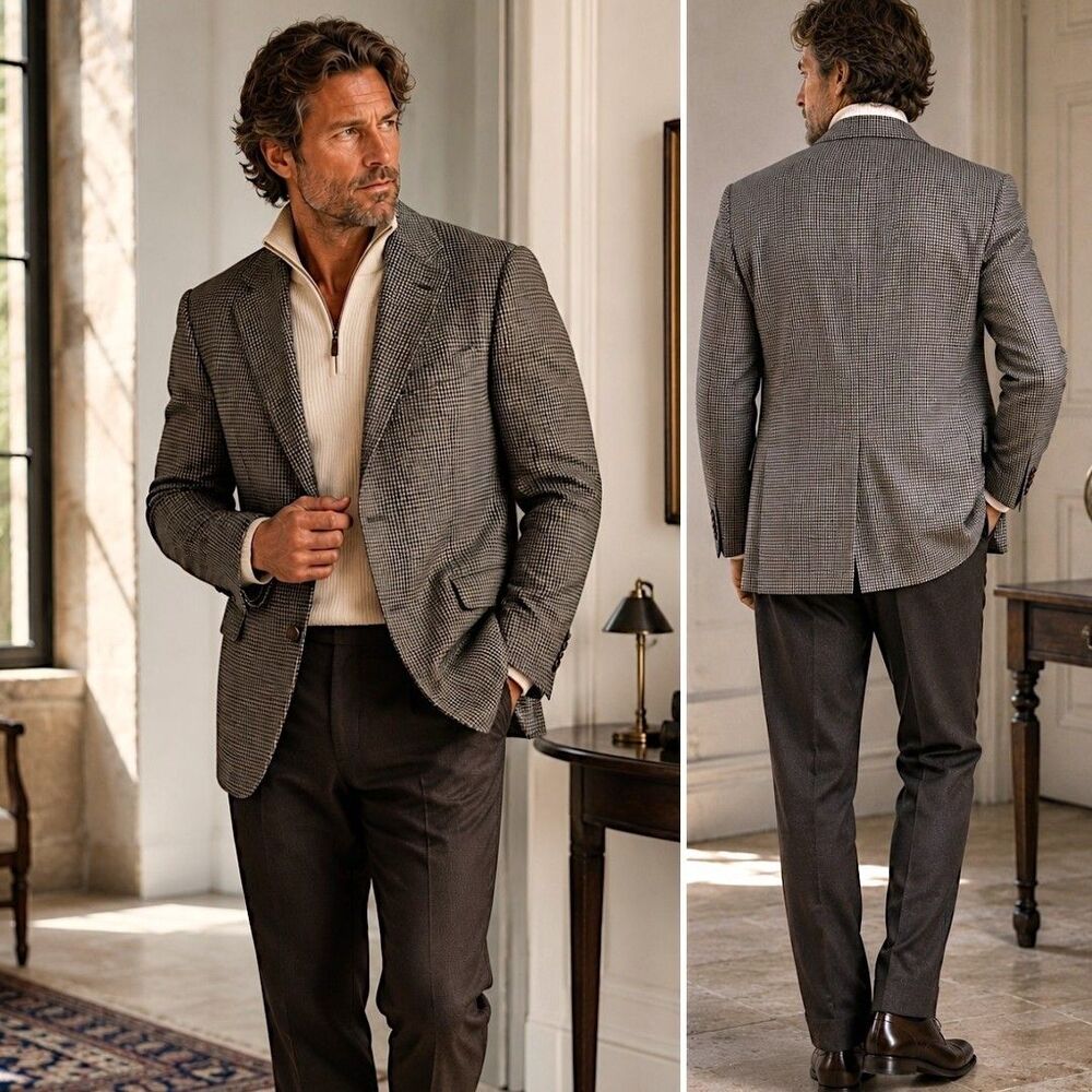 Chaps 46R 100% Lambswool Houndstooth Blazer Brown Business Sport Coat Preppy